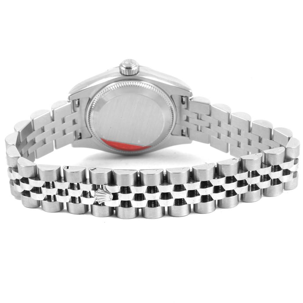 This image shows the back case and bracelet of a Rolex Datejust 179174 Women
s Stainless Steel Mother of Pearl Dial 179174 Women
s Stainless Steel Mother of Pearl Dial watch from a rear angle.