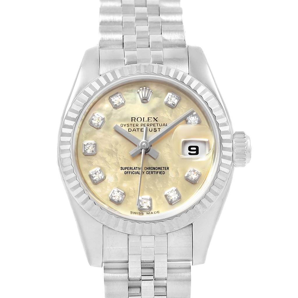 The image shows a Rolex Datejust 179174 Women
s Stainless Steel Mother of Pearl Dial 179174 Women
s Stainless Steel Mother of Pearl Dial watch from a frontal angle, highlighting the dial, date window, and bracelet.
