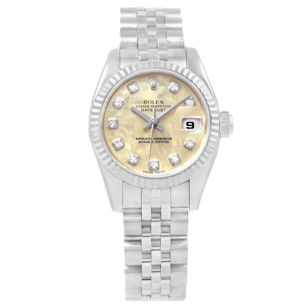 The Rolex Datejust 179174 Women
s Stainless Steel Mother of Pearl Dial 179174 Women
s Stainless Steel Mother of Pearl Dial watch is shown from a front angle, displaying the face, bracelet, and date window.