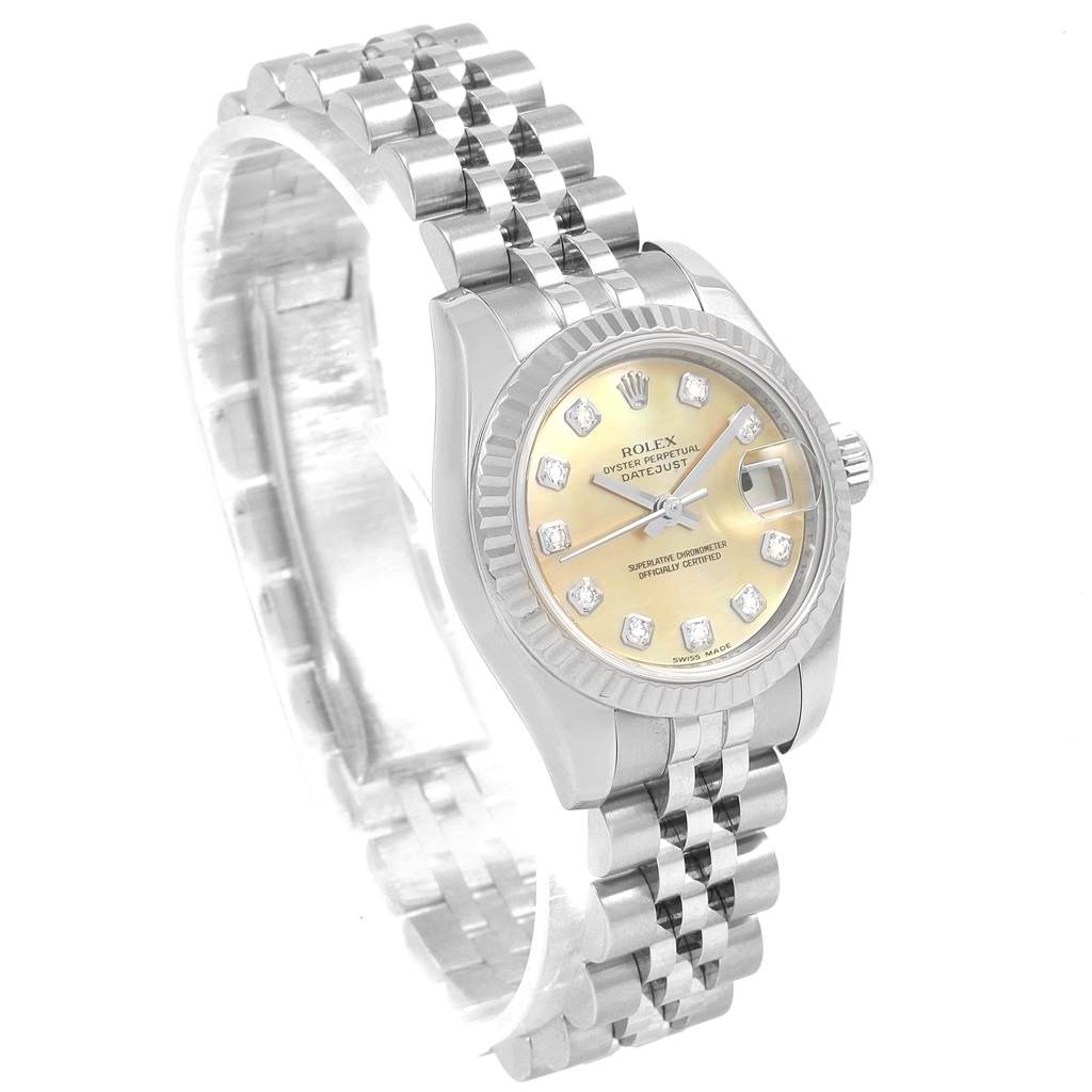 The Rolex Datejust 179174 Women
s Stainless Steel Mother of Pearl Dial 179174 Women
s Stainless Steel Mother of Pearl Dial watch is shown at an angle displaying its face, bezel, crown, and bracelet.