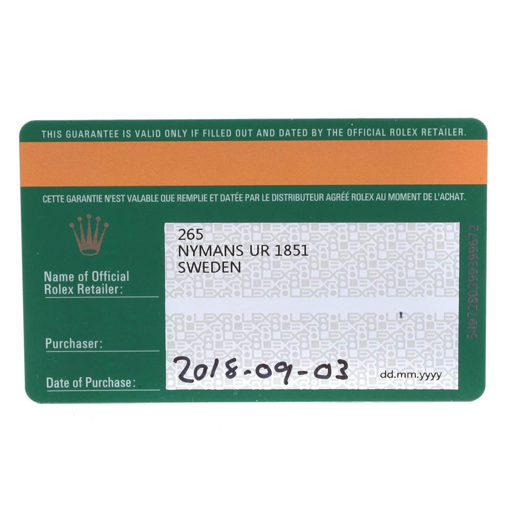 This image displays the guarantee card for the Datejust model by Rolex, showing details like retailer name and purchase date.