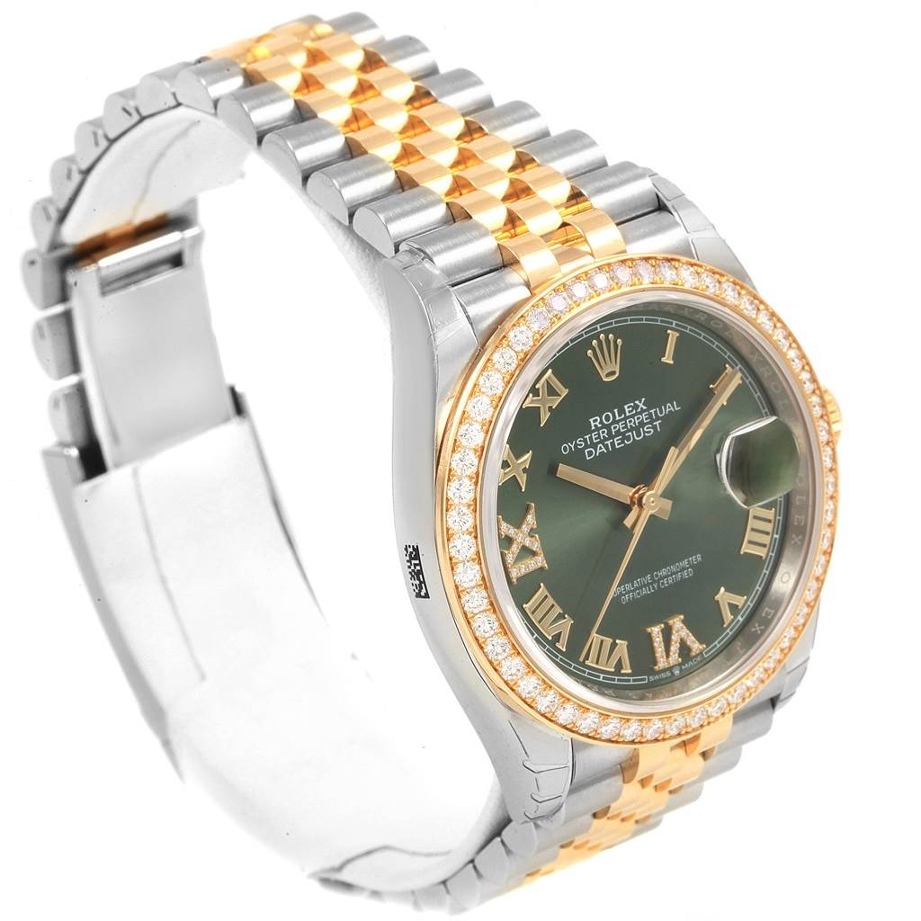 This image shows a Rolex Datejust 126283 Women's Steel and Gold (two tone) Green Dial 126283 Women's Steel and Gold (two tone) Green Dial watch from an angled side view, highlighting the face, bezel, and bracelet.