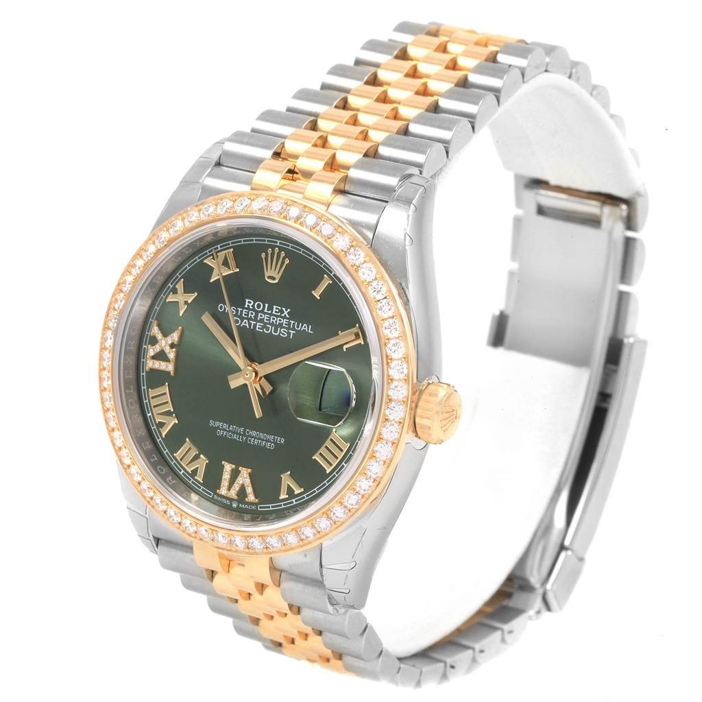 The Rolex Datejust 126283 Women's Steel and Gold (two tone) Green Dial 126283 Women's Steel and Gold (two tone) Green Dial watch is shown from a front angled view, displaying the bezel, dial, case, and bracelet.
