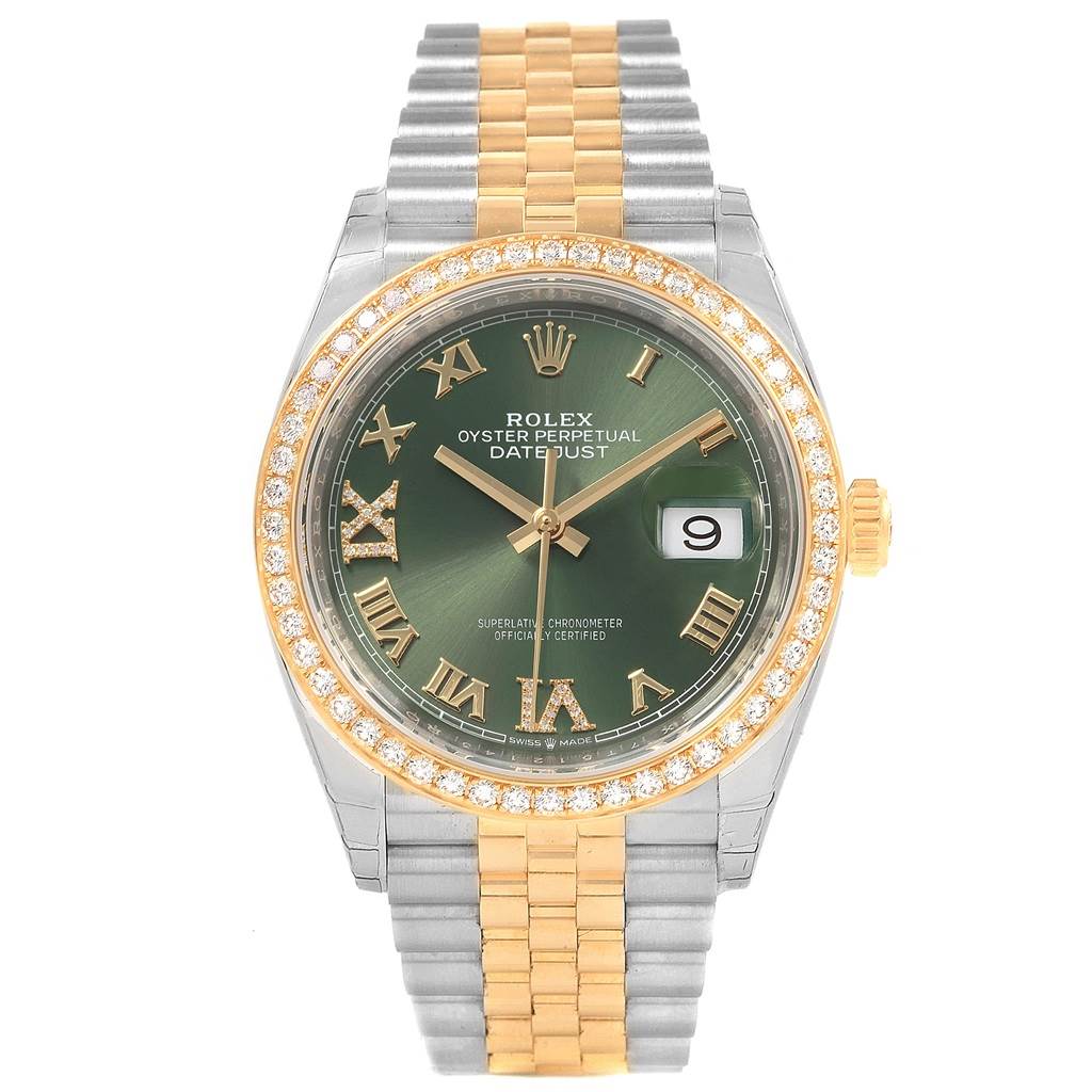 The image shows the front view of a Rolex Datejust 126283 Women's Steel and Gold (two tone) Green Dial 126283 Women's Steel and Gold (two tone) Green Dial watch, featuring a green dial, diamond bezel, and two-tone bracelet.