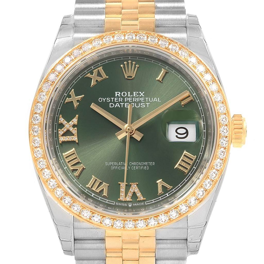 This image shows a front view of a Rolex Datejust 126283 Women's Steel and Gold (two tone) Green Dial 126283 Women's Steel and Gold (two tone) Green Dial watch with a green dial, diamond-set bezel, and a two-tone bracelet.