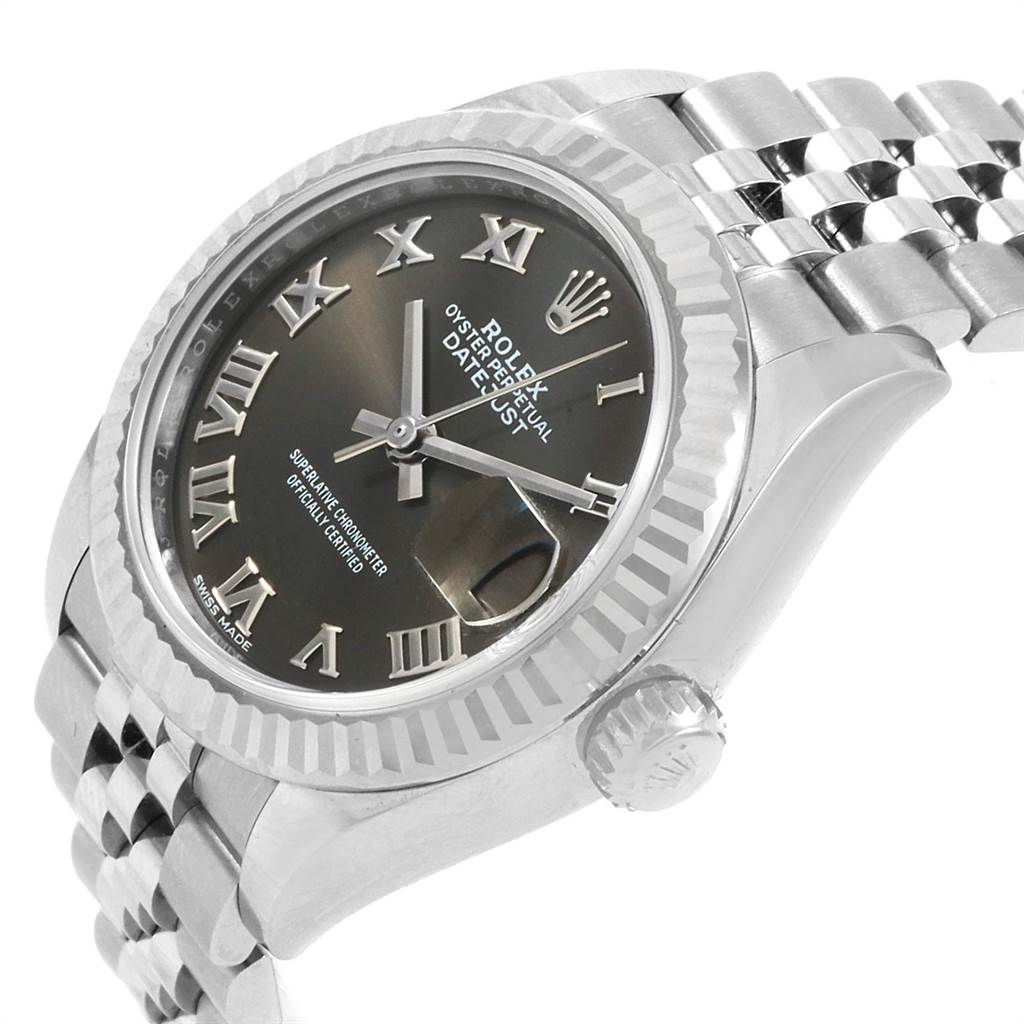 The image shows a Rolex Datejust 7SE14403 Women
s Stainless Steel Grey Dial 7SE14403 Women
s Stainless Steel Grey Dial watch at a diagonal angle, highlighting its dial, bezel, crown, and bracelet.