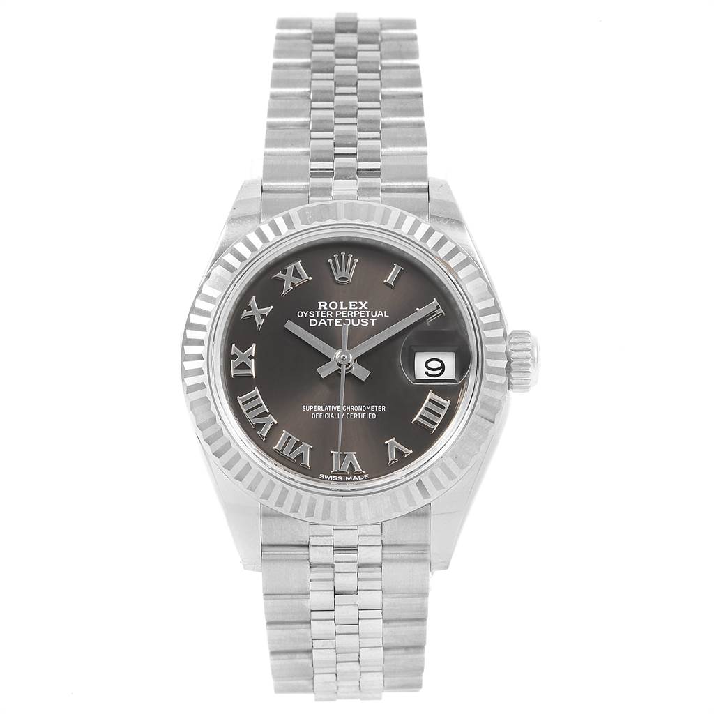 This is a top view of the Rolex Datejust 7SE14403 Women
s Stainless Steel Grey Dial 7SE14403 Women
s Stainless Steel Grey Dial, showing the bracelet, dial, bezel, and date window.