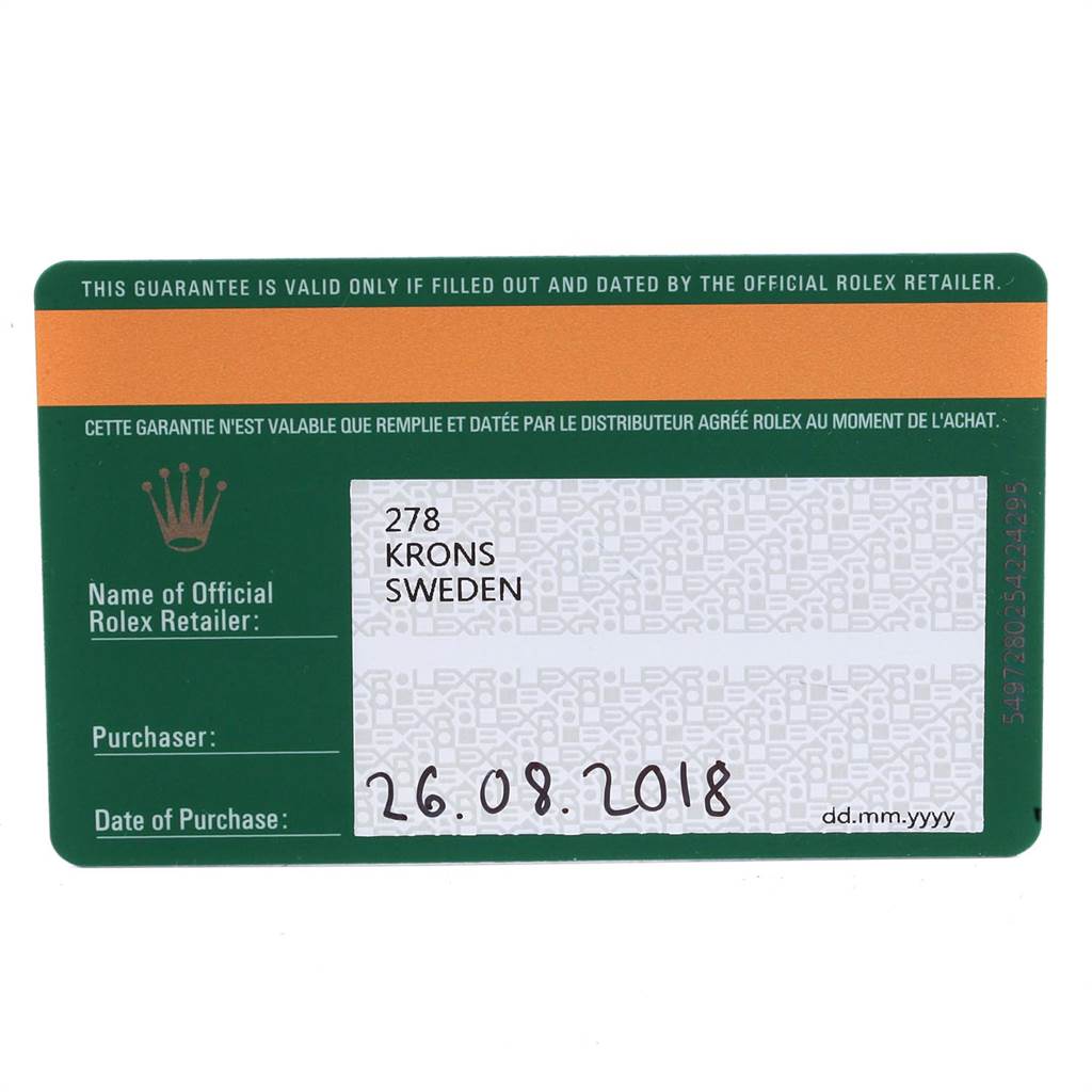 This is the warranty card for a Rolex Datejust 7SE14403 Women
s Stainless Steel Grey Dial 7SE14403 Women
s Stainless Steel Grey Dial watch, showing purchase details and the retailer information.