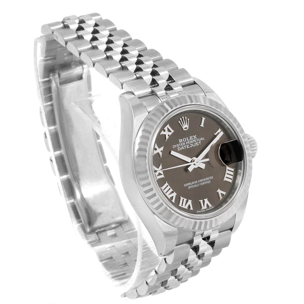 This image shows a Rolex Datejust 7SE14403 Women
s Stainless Steel Grey Dial 7SE14403 Women
s Stainless Steel Grey Dial watch at an angled view, highlighting the face, bezel, bracelet, and crown.
