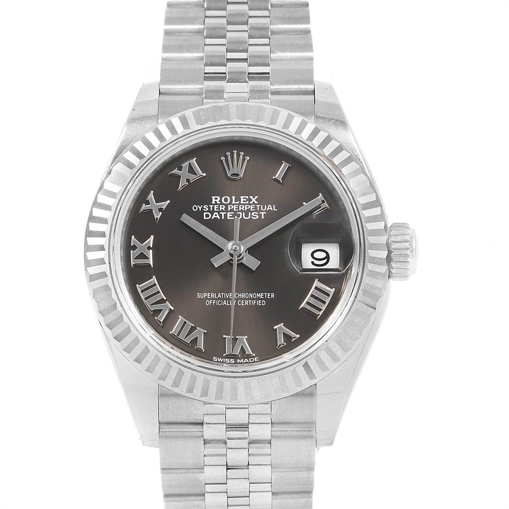 This image shows a front view of the Rolex Datejust 7SE14403 Women
s Stainless Steel Grey Dial 7SE14403 Women
s Stainless Steel Grey Dial watch, displaying its dial, bezel, and bracelet.