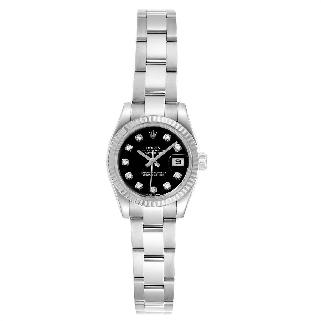 The image shows a frontal view of a Rolex Datejust 179174 Women
s Stainless Steel Black Dial 179174 Women
s Stainless Steel Black Dial watch, displaying its bracelet, bezel, dial, and date window.