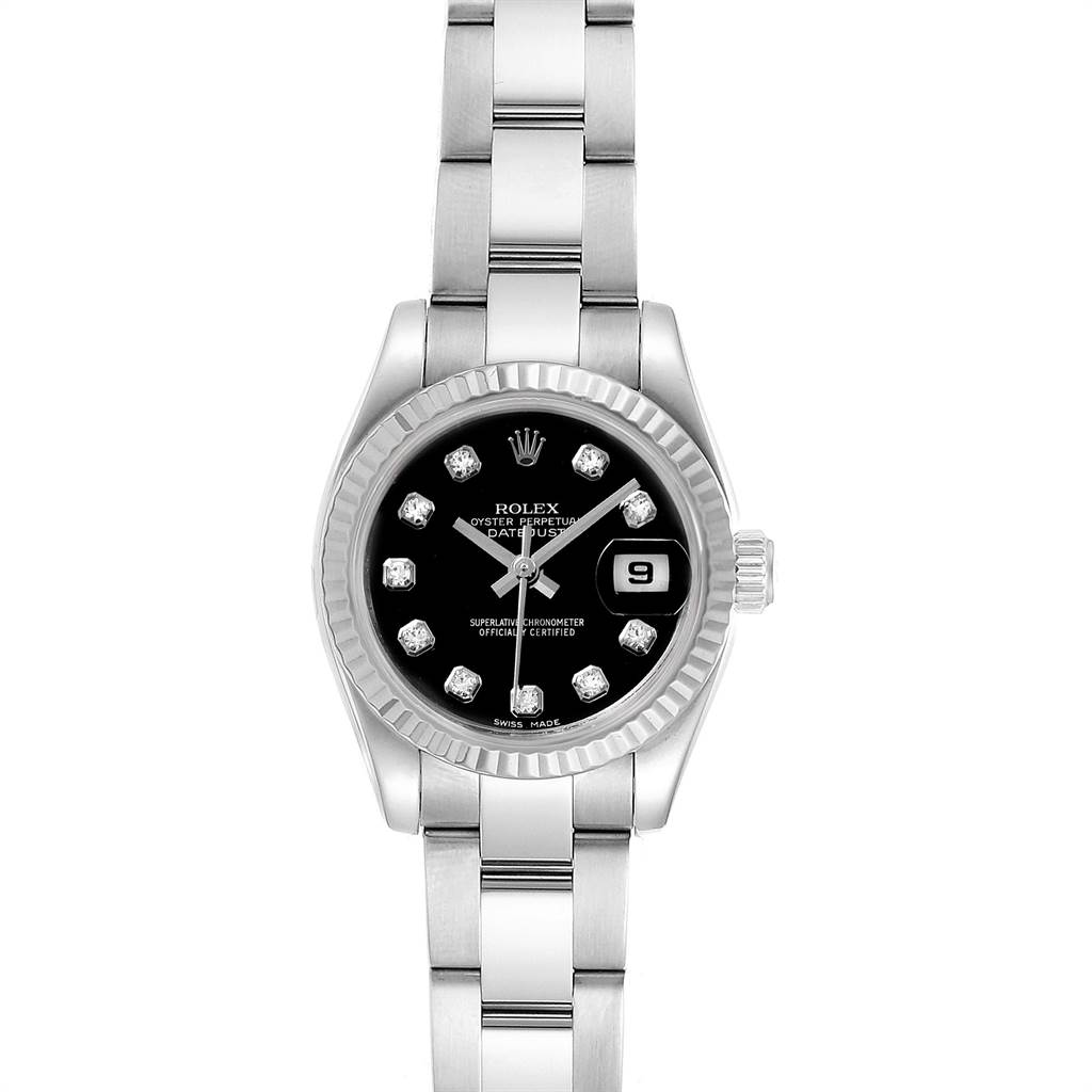 This image shows a Rolex Datejust 179174 Women
s Stainless Steel Black Dial 179174 Women
s Stainless Steel Black Dial watch from a front angle, highlighting the dial, date window, and bracelet.