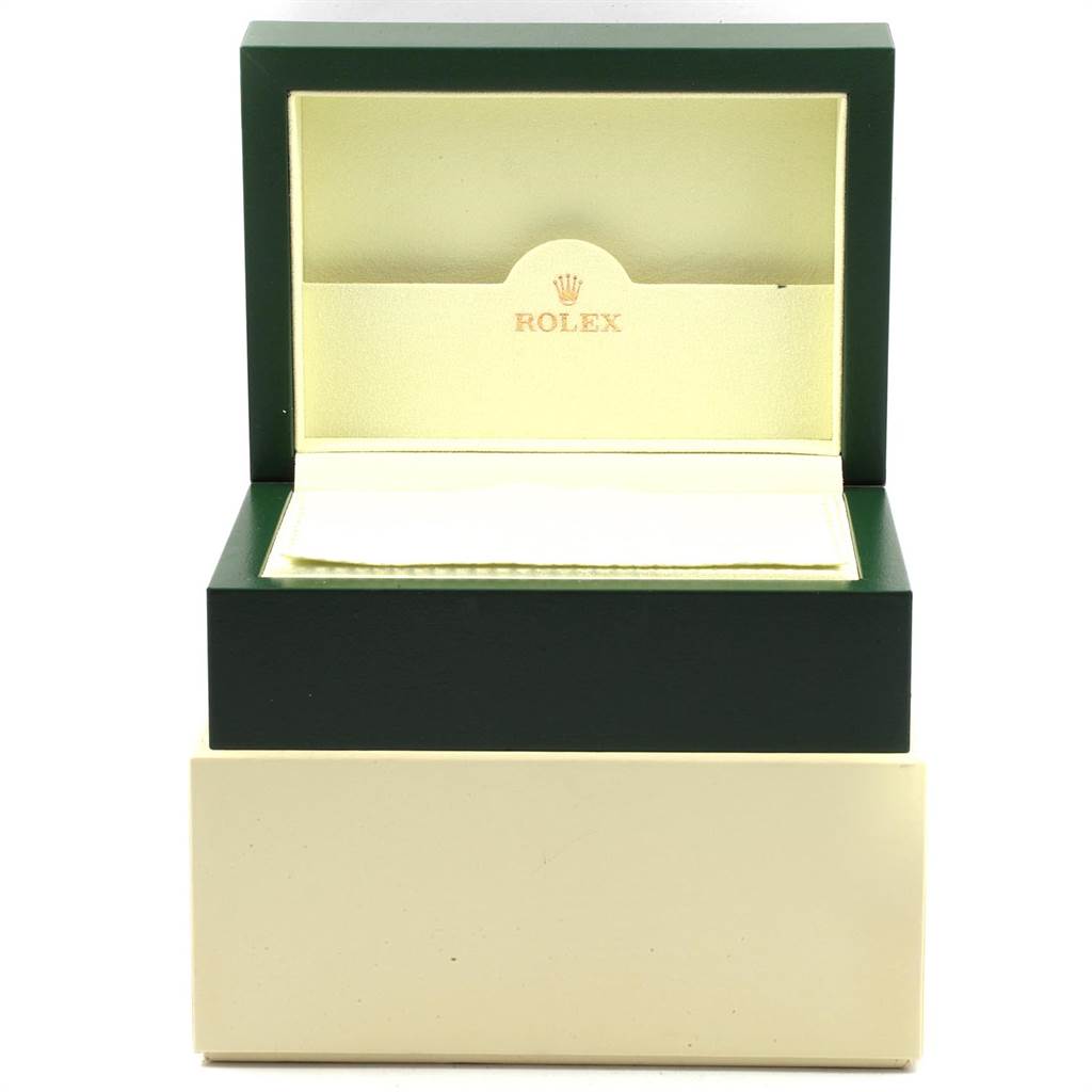 The image shows an open green and beige presentation box for a Rolex Datejust 179174 Women
s Stainless Steel Black Dial 179174 Women
s Stainless Steel Black Dial watch, with 
Rolex
 and the logo inside.
