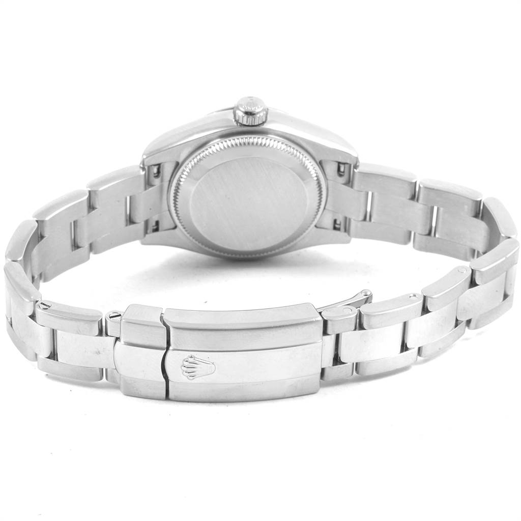 The image shows the back case and bracelet of a Rolex Datejust 179174 Women
s Stainless Steel Black Dial 179174 Women
s Stainless Steel Black Dial watch, displaying its clasp and crown.