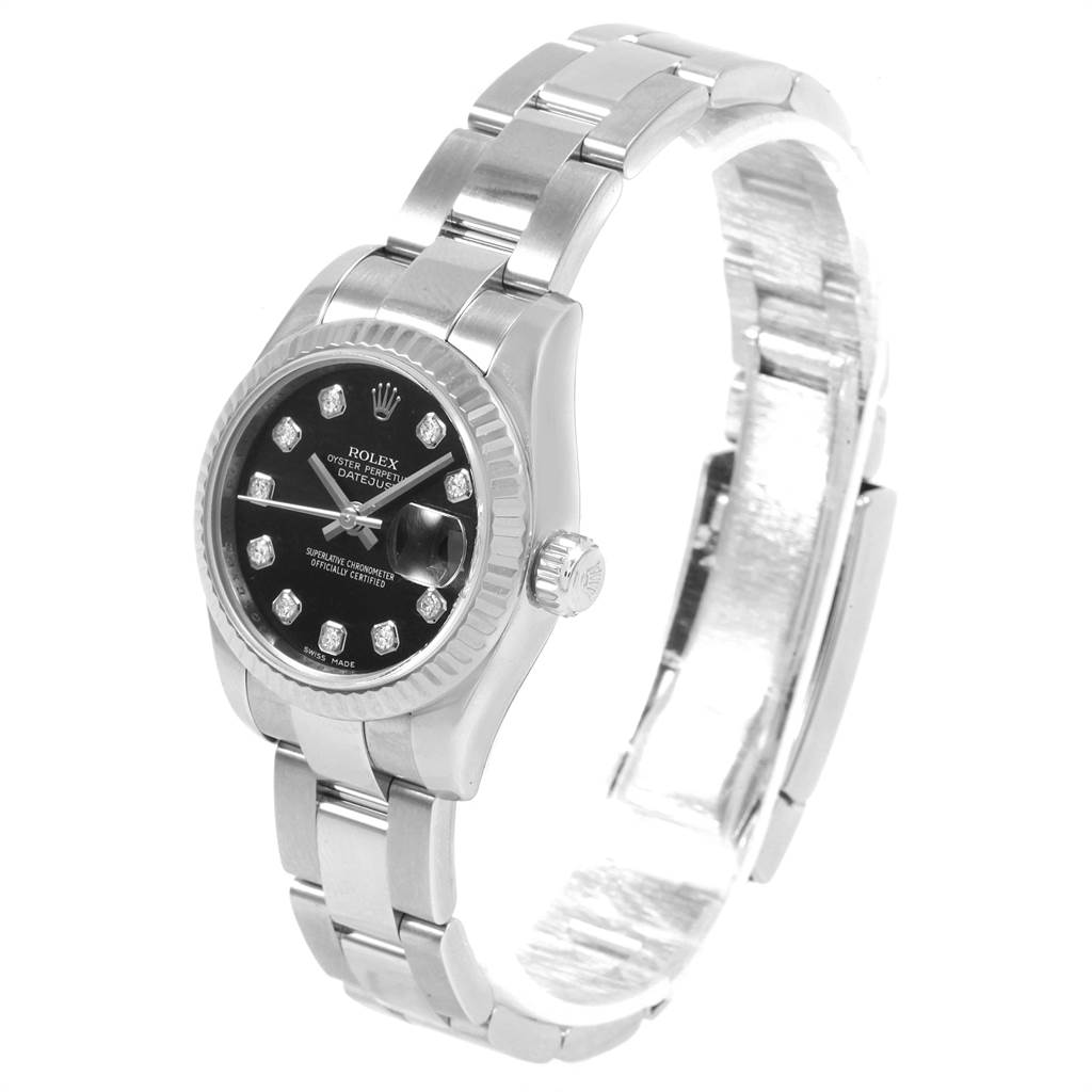 The image shows a Rolex Datejust 179174 Women
s Stainless Steel Black Dial 179174 Women
s Stainless Steel Black Dial watch at an angled view, displaying the face, bracelet, bezel, and crown.