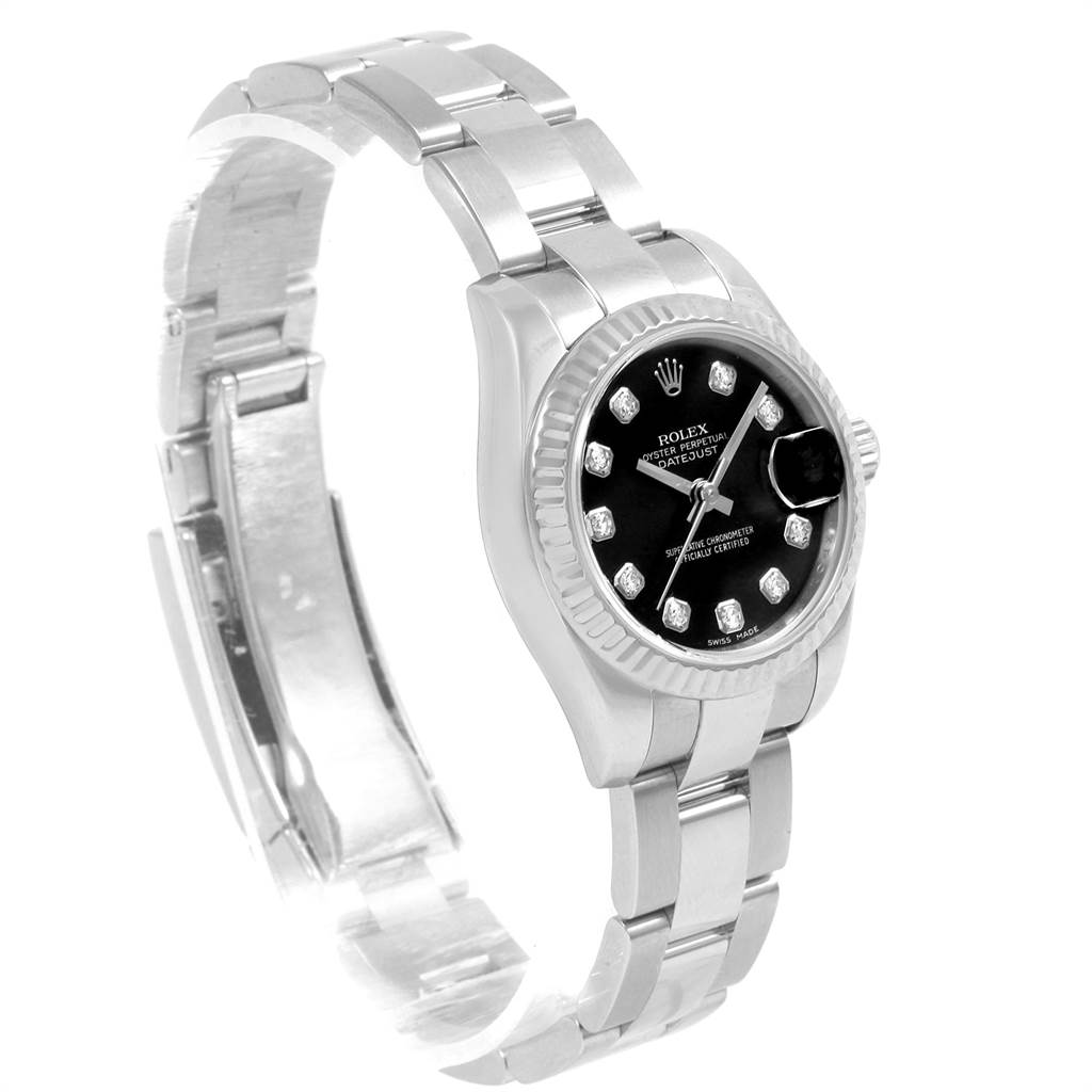 The Rolex Datejust 179174 Women
s Stainless Steel Black Dial 179174 Women
s Stainless Steel Black Dial watch is shown from an angled side view, highlighting the bracelet, dial, and part of the case.