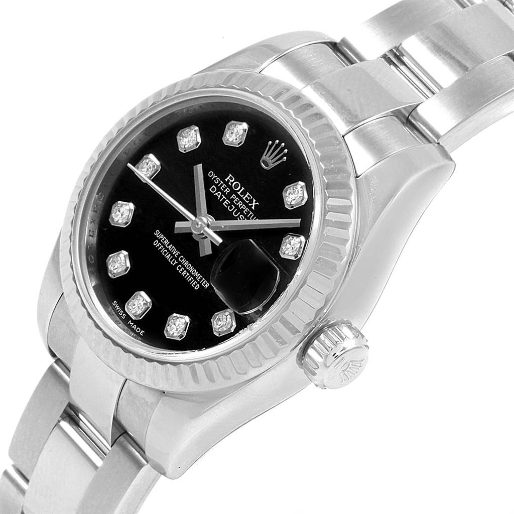 The image shows a close-up angle of the Rolex Datejust 179174 Women
s Stainless Steel Black Dial 179174 Women
s Stainless Steel Black Dial watch displaying the dial, bezel, crown, and part of the bracelet.