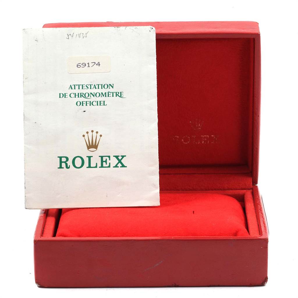 The image shows a red box for a Rolex Datejust 69174 Women
s Stainless Steel Silver Dial 69174 Women
s Stainless Steel Silver Dial model and a certificate of chronometer.