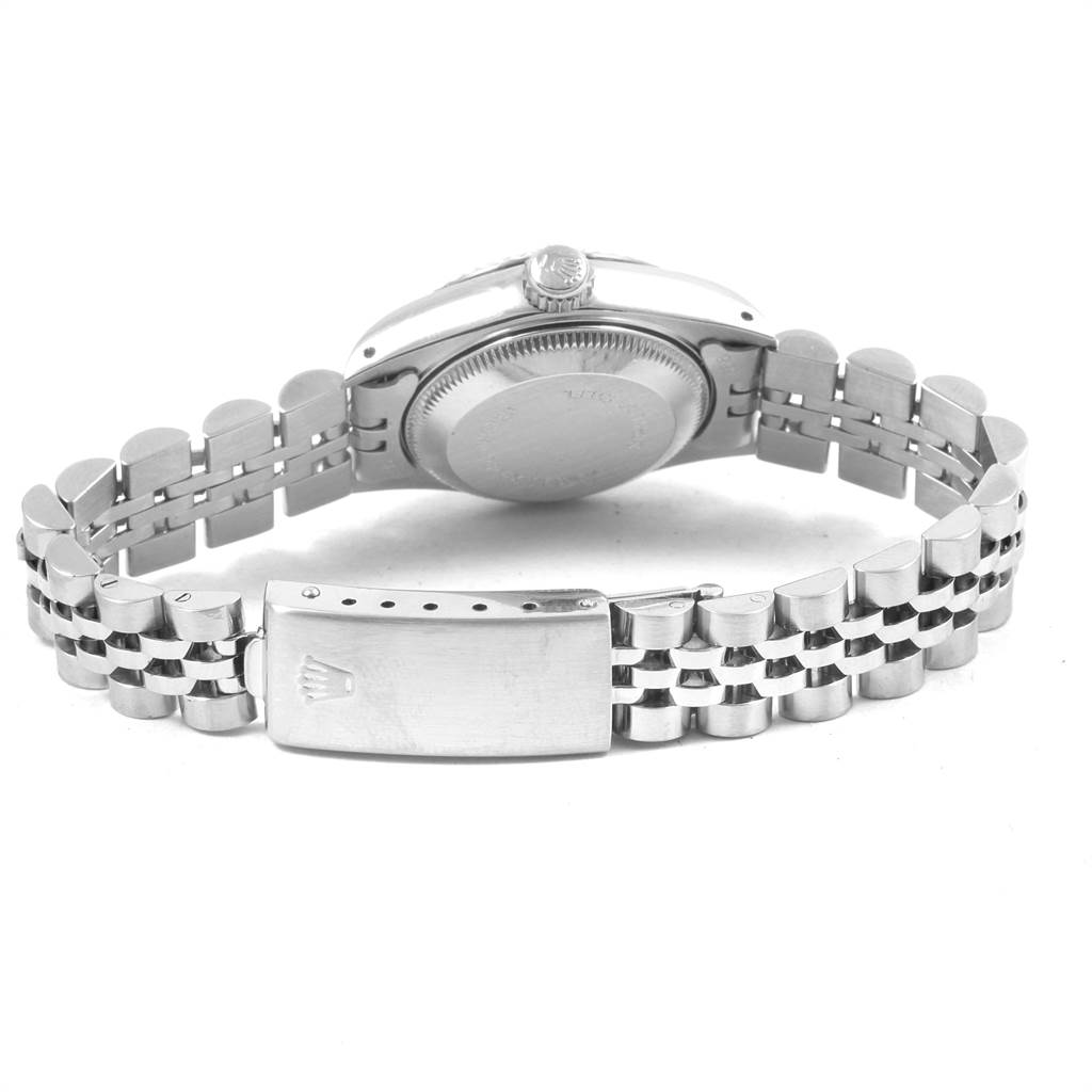 This image shows the back view of a Rolex Datejust 69174 Women
s Stainless Steel Silver Dial 69174 Women
s Stainless Steel Silver Dial watch, including the case back, bracelet, and clasp.