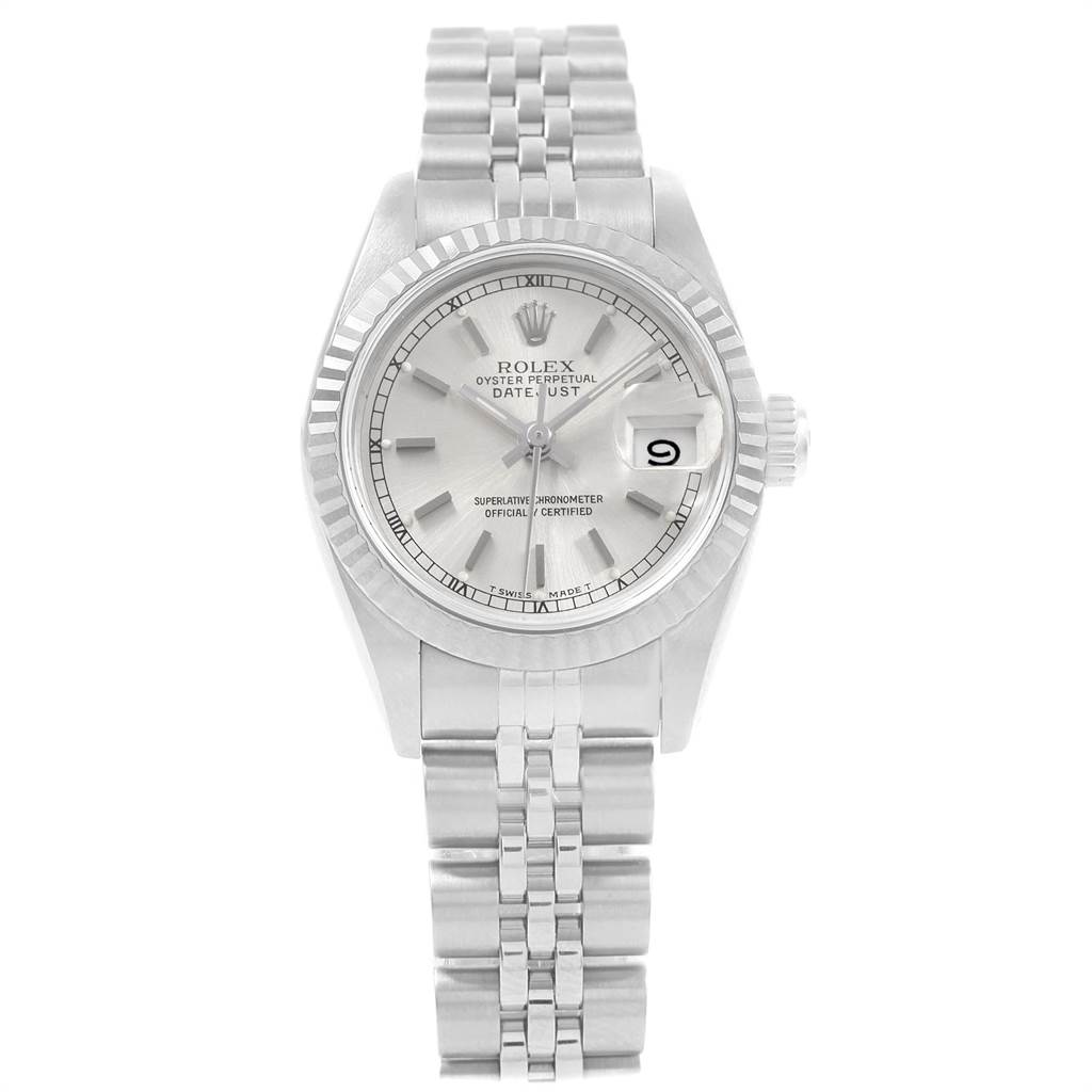The image shows a front view of a Rolex Datejust 69174 Women
s Stainless Steel Silver Dial 69174 Women
s Stainless Steel Silver Dial watch, displaying the dial, bezel, date window, and bracelet.