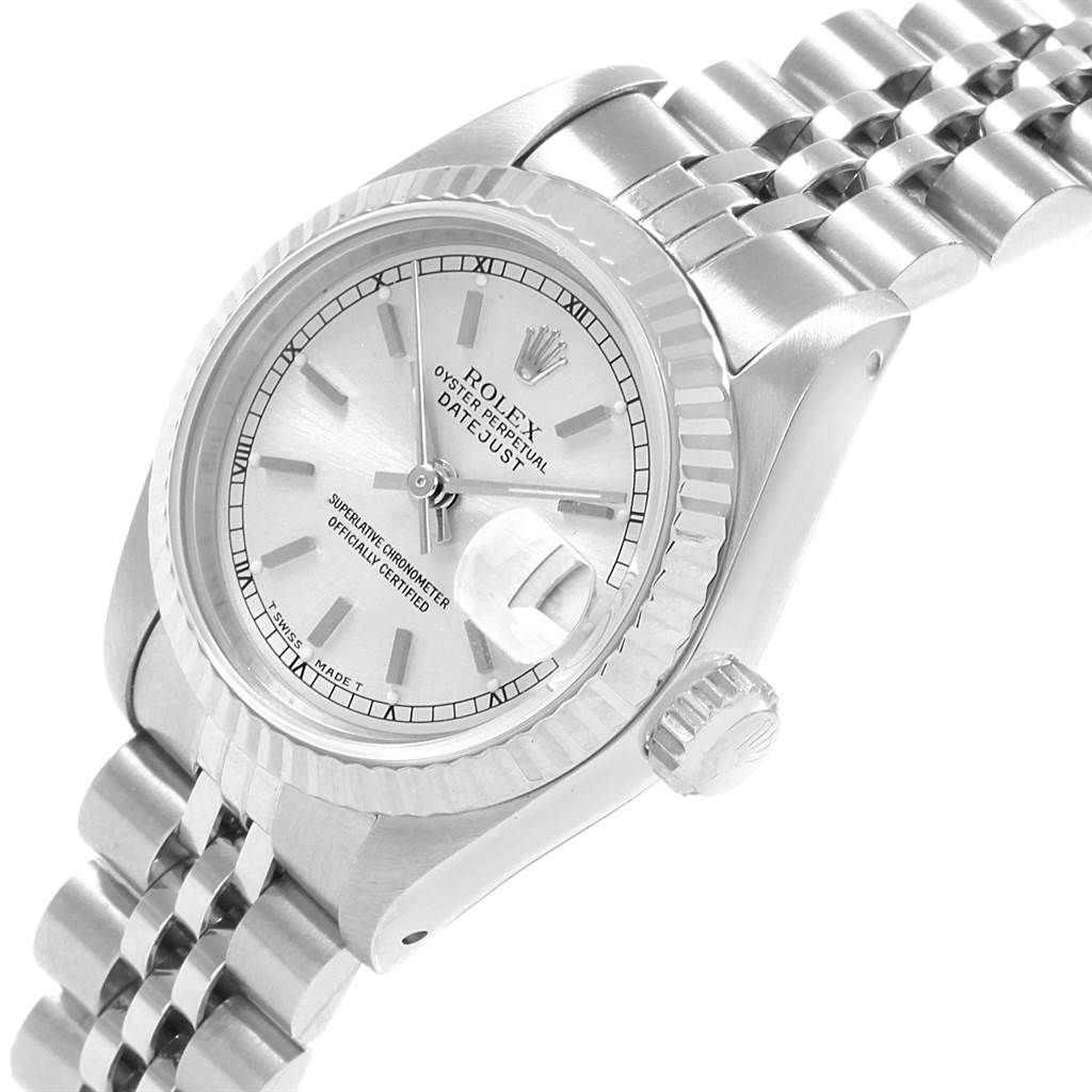 This image shows a close-up, angled view of a Rolex Datejust 69174 Women
s Stainless Steel Silver Dial 69174 Women
s Stainless Steel Silver Dial watch displaying its silver dial, bezel, bracelet, and crown.
