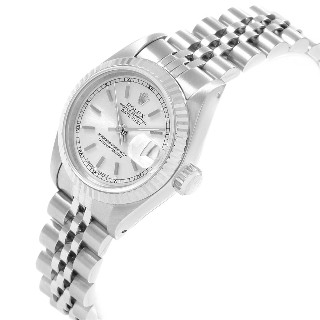 The image shows a Rolex Datejust 69174 Women
s Stainless Steel Silver Dial 69174 Women
s Stainless Steel Silver Dial watch at an angled view, displaying the face, bezel, crown, and part of the bracelet.