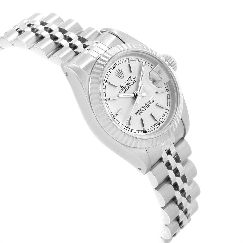 The image shows a close-up, angled view of the Rolex Datejust 69174 Women
s Stainless Steel Silver Dial 69174 Women
s Stainless Steel Silver Dial watch, highlighting the dial, bezel, and part of the bracelet.