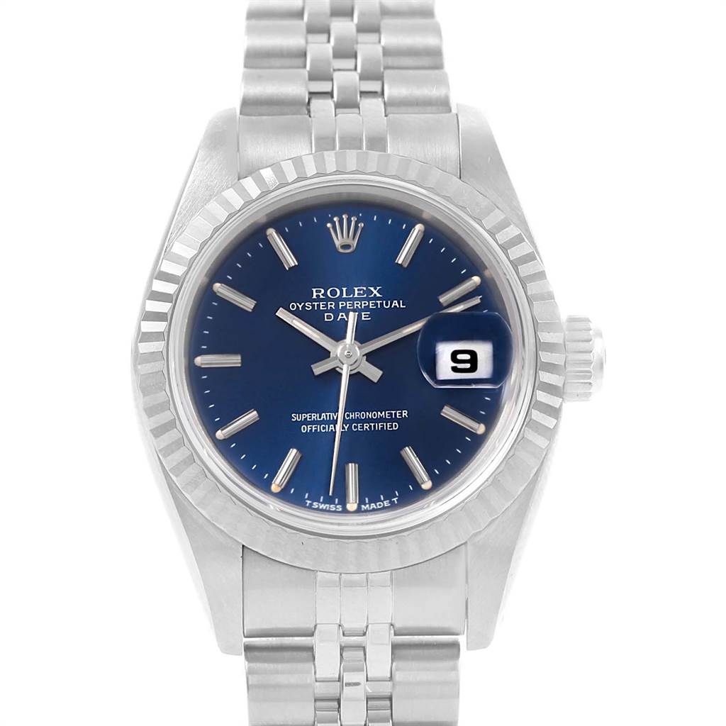 This Rolex Datejust 69174 Women
s Stainless Steel Blue Dial 69174 Women
s Stainless Steel Blue Dial watch is shown from a front angle, highlighting the blue dial, fluted bezel, and Jubilee bracelet.