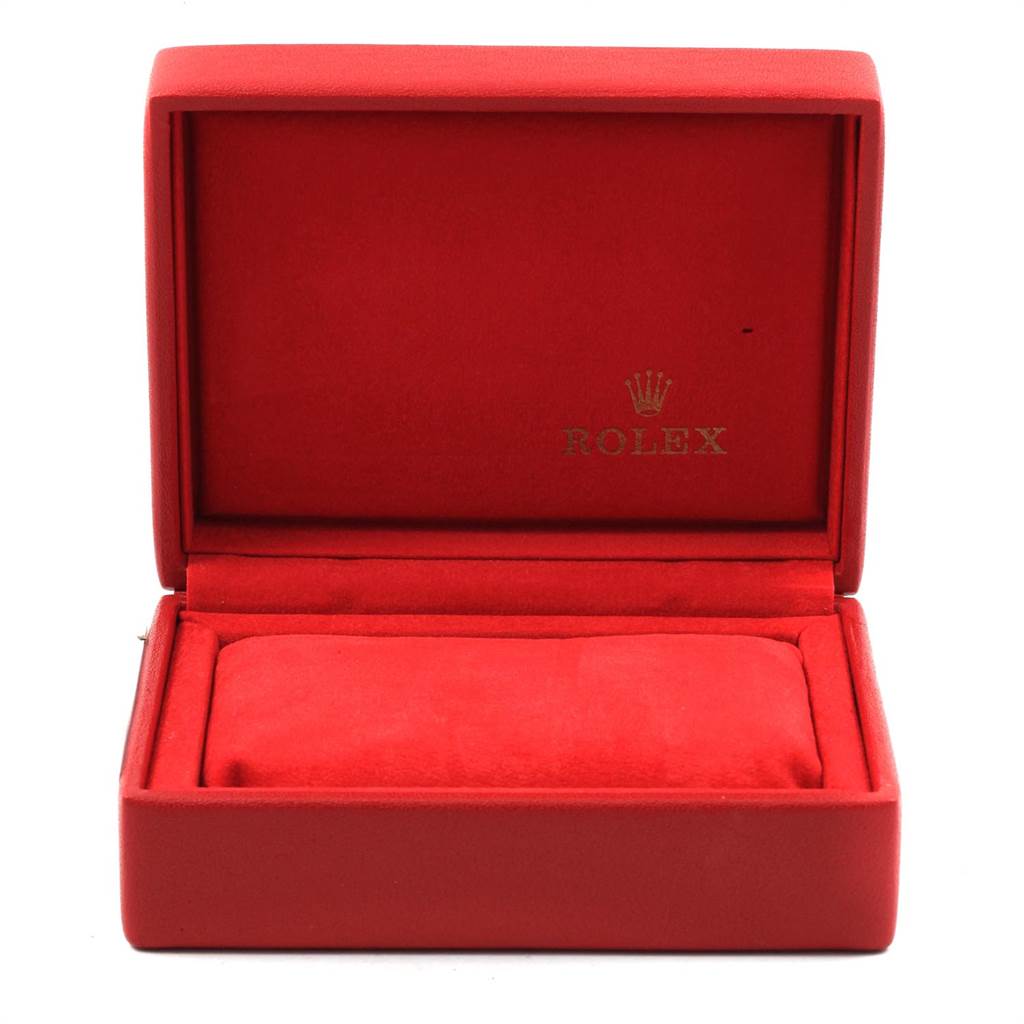This image shows an open red Rolex watch box, likely used to hold a Datejust model watch.