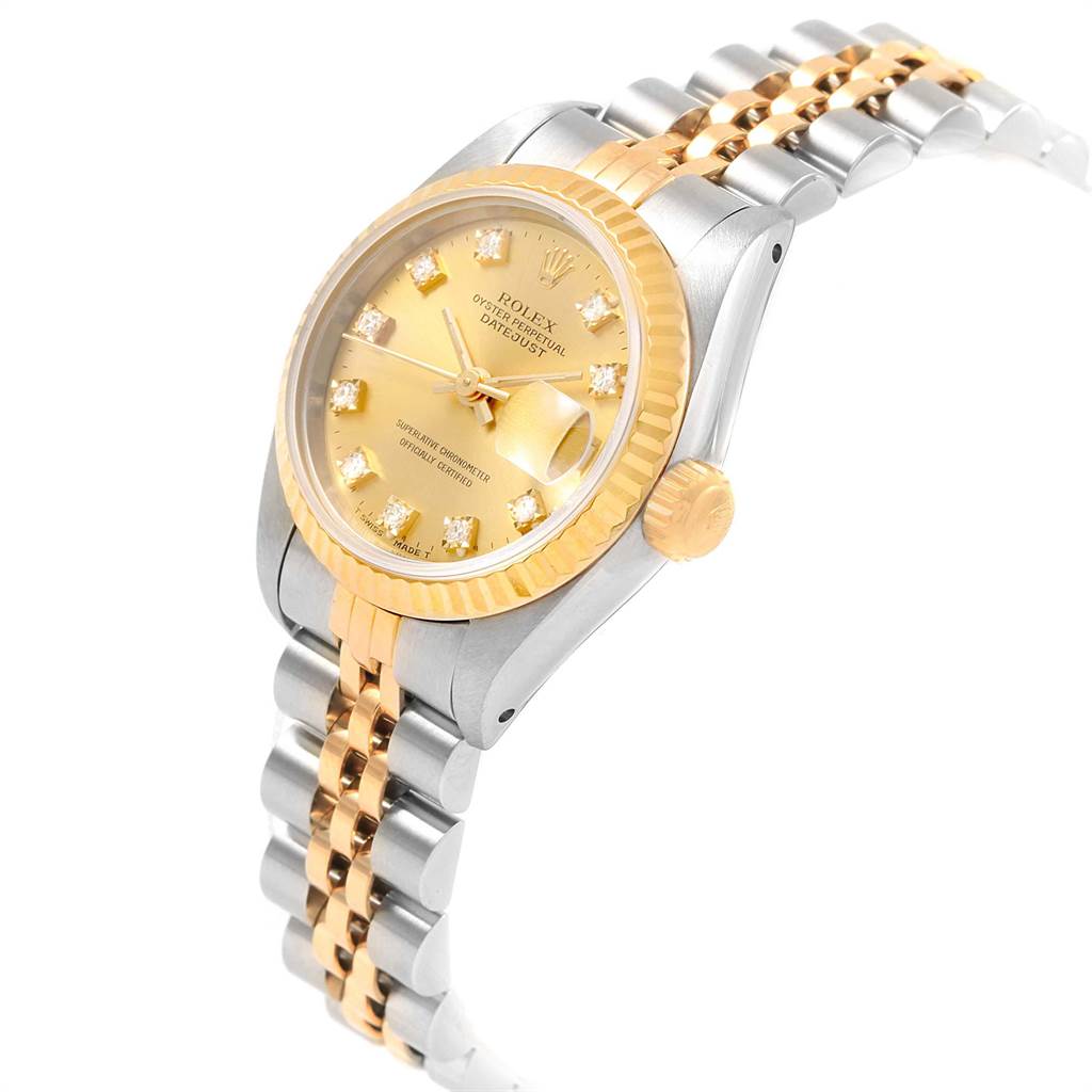 The image shows a Rolex Datejust 69173 Women's Stainless Steel Champagne Dial 69173 Women's Stainless Steel Champagne Dial watch from a high-angle view, highlighting the dial, bezel, crown, and jubilee bracelet.