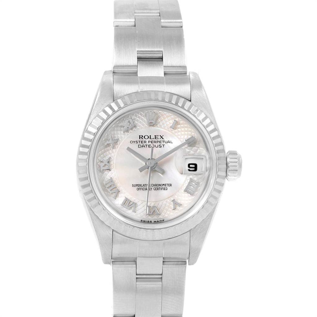 The image shows a front view of a Rolex Datejust 69174 Women's Stainless Steel Mother of Pearl Dial 69174 Women's Stainless Steel Mother of Pearl Dial watch, displaying the face, bezel, and part of the bracelet.