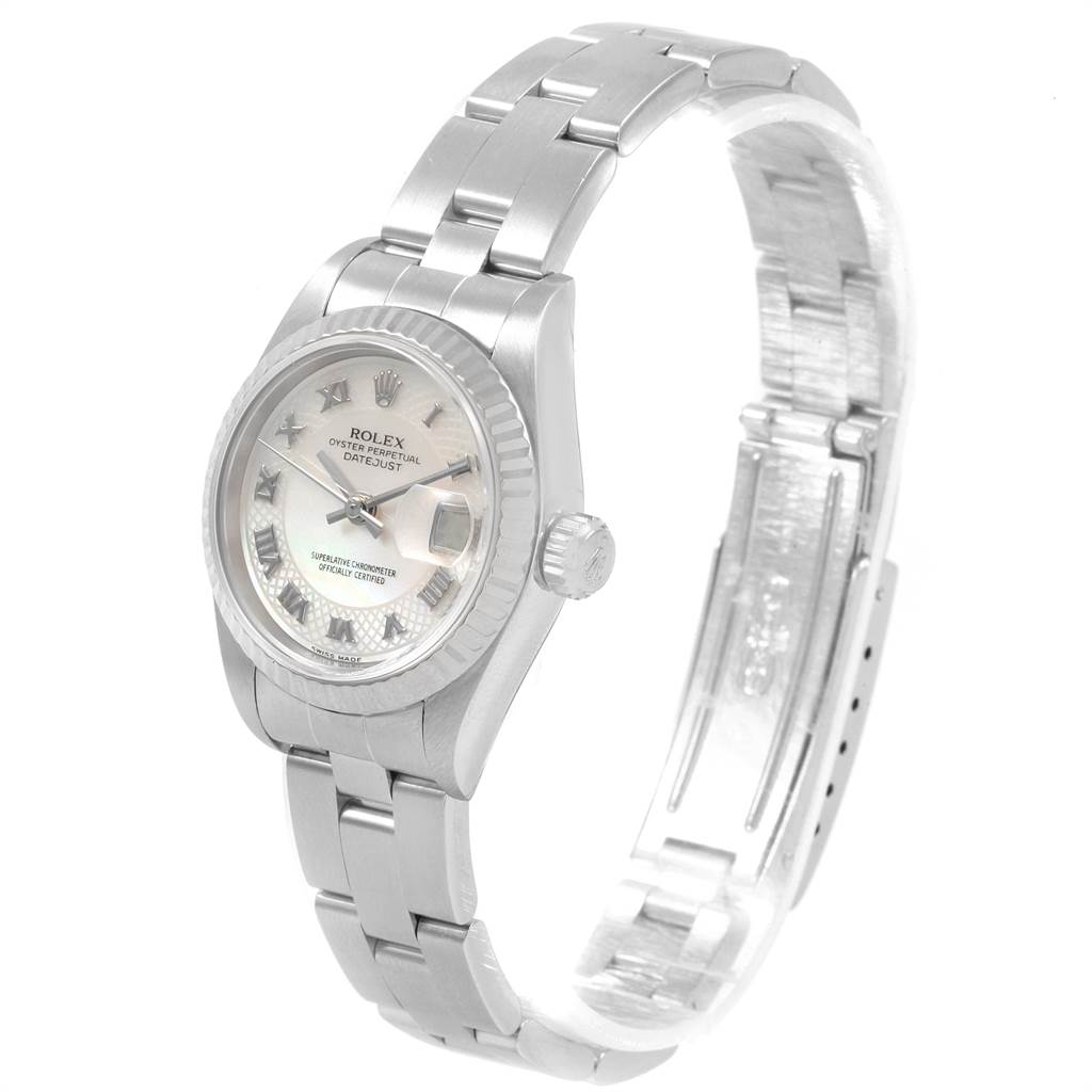 This image shows a Rolex Datejust 69174 Women's Stainless Steel Mother of Pearl Dial 69174 Women's Stainless Steel Mother of Pearl Dial watch angled to display its face, bezel, crown, and stainless steel bracelet.