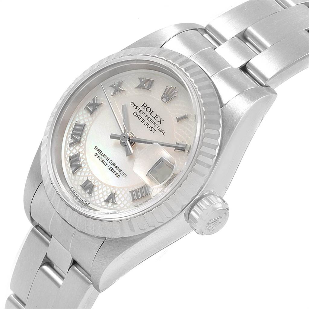 The image shows a Rolex Datejust 69174 Women's Stainless Steel Mother of Pearl Dial 69174 Women's Stainless Steel Mother of Pearl Dial watch angled to display the dial, crown, and part of the bracelet.