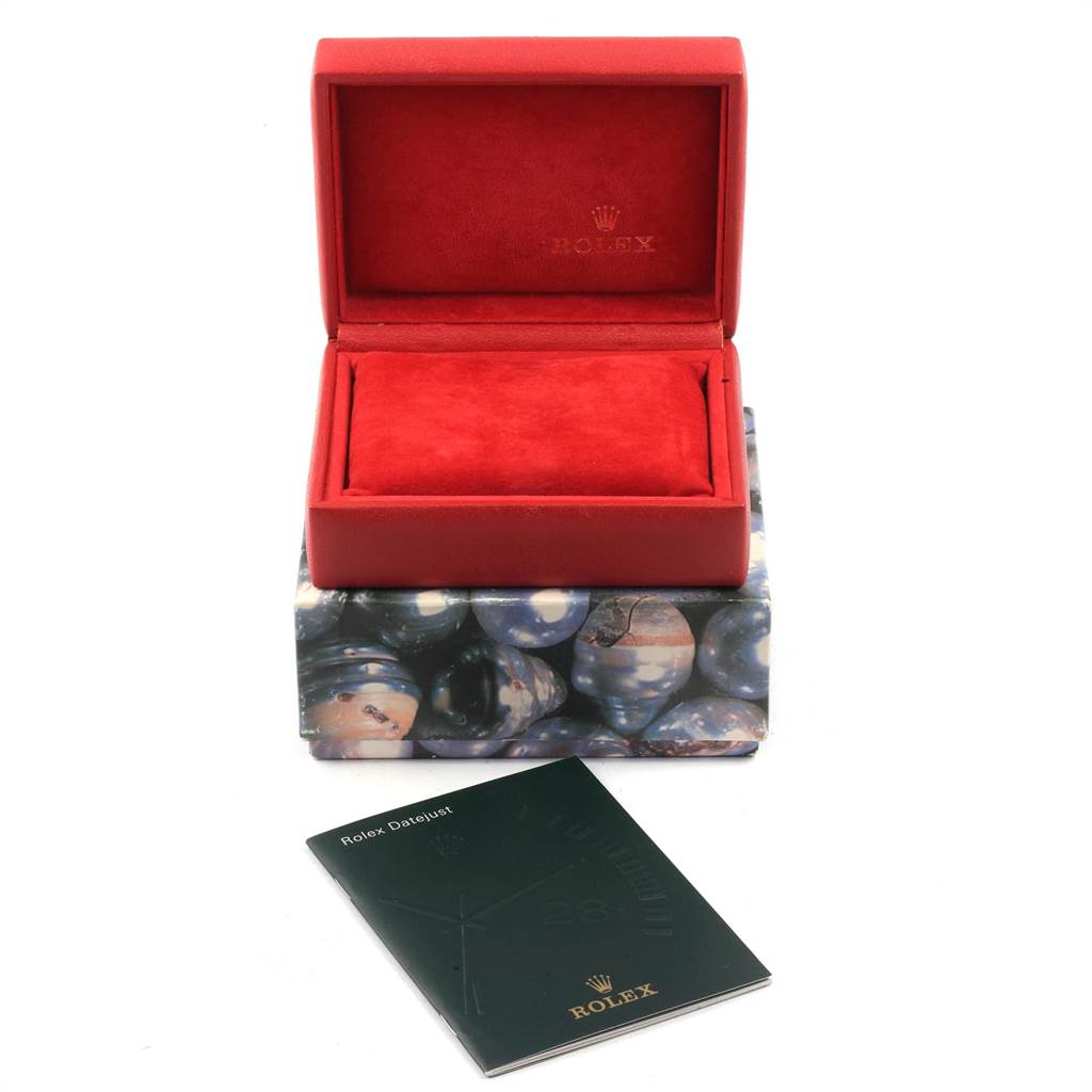 The image shows a Rolex Datejust 69174 Women's Stainless Steel Mother of Pearl Dial 69174 Women's Stainless Steel Mother of Pearl Dial box and manual, including an open red interior box and a closed exterior box.