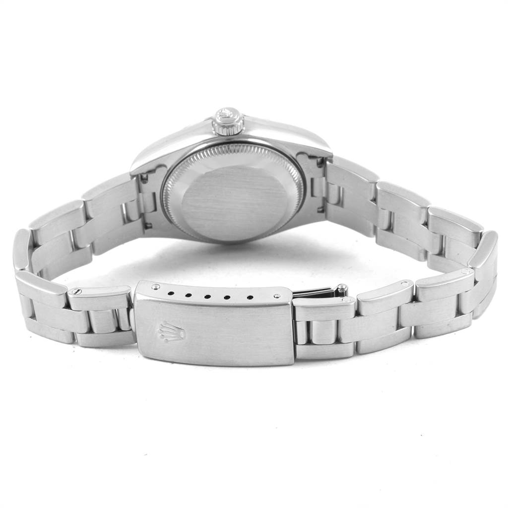 The image shows the back view of a Rolex Datejust 69174 Women's Stainless Steel Mother of Pearl Dial 69174 Women's Stainless Steel Mother of Pearl Dial watch, highlighting the case back, bracelet, and clasp.