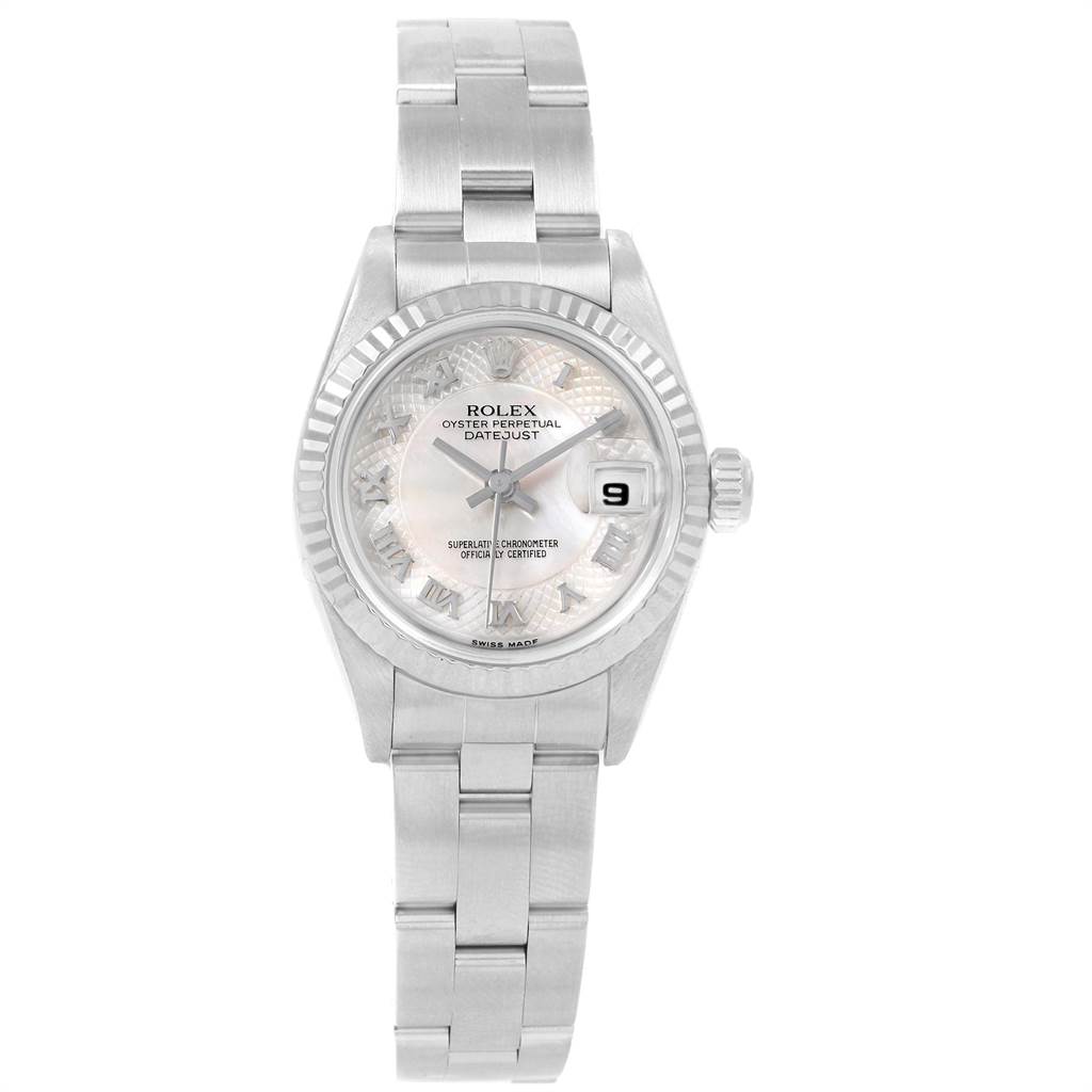 The image shows a front view of the Rolex Datejust 69174 Women's Stainless Steel Mother of Pearl Dial 69174 Women's Stainless Steel Mother of Pearl Dial watch, including its dial, bezel, crown, and bracelet.