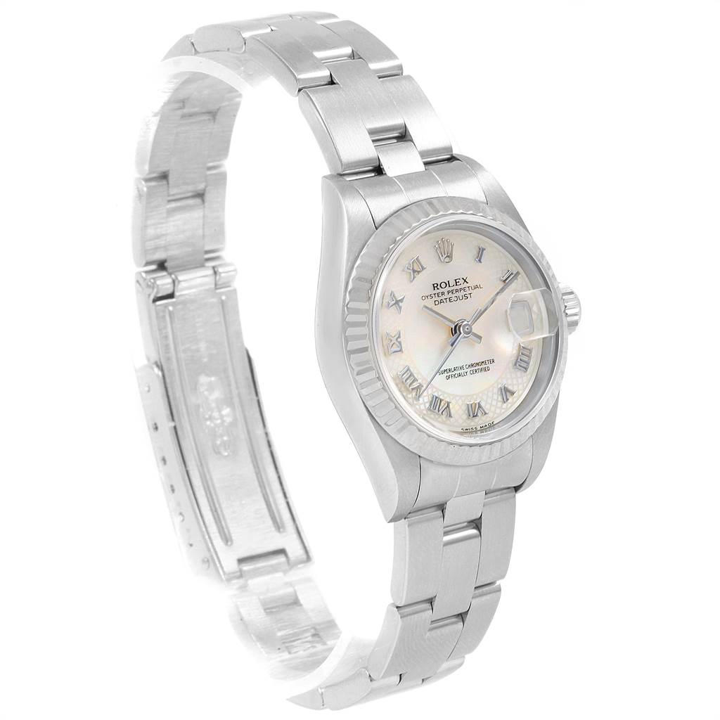 The image shows a Rolex Datejust 69174 Women's Stainless Steel Mother of Pearl Dial 69174 Women's Stainless Steel Mother of Pearl Dial watch at a three-quarter angle, highlighting its bracelet, dial, and bezel.