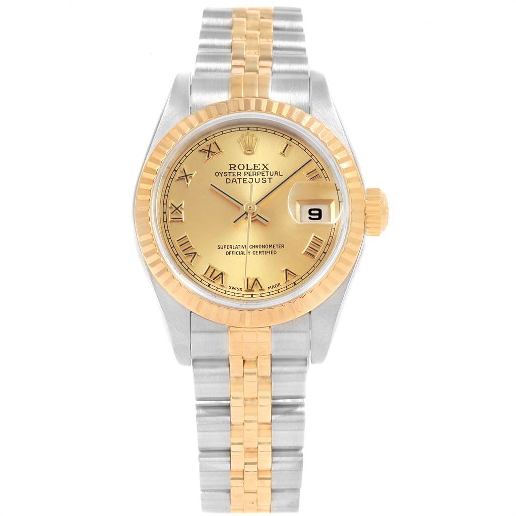This image shows a front view of a Rolex Datejust 79173 Women's Steel and Gold (two tone) Champagne Dial 79173 Women's Steel and Gold (two tone) Champagne Dial watch with a two-tone bracelet, gold dial, and fluted bezel.