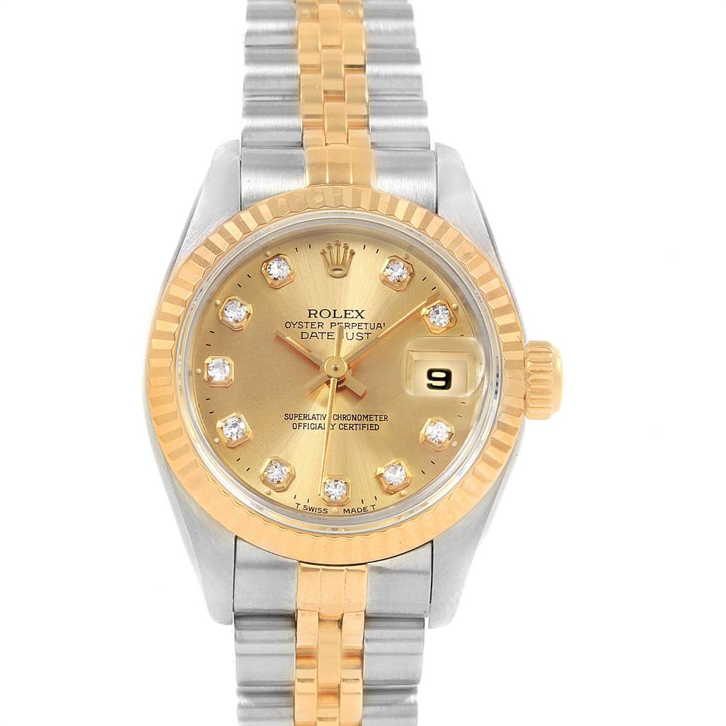 This Rolex Datejust 69173 Women's Stainless Steel Champagne Dial 69173 Women's Stainless Steel Champagne Dial watch is shown from the front, displaying the dial, bezel, crown, and part of the bracelet.