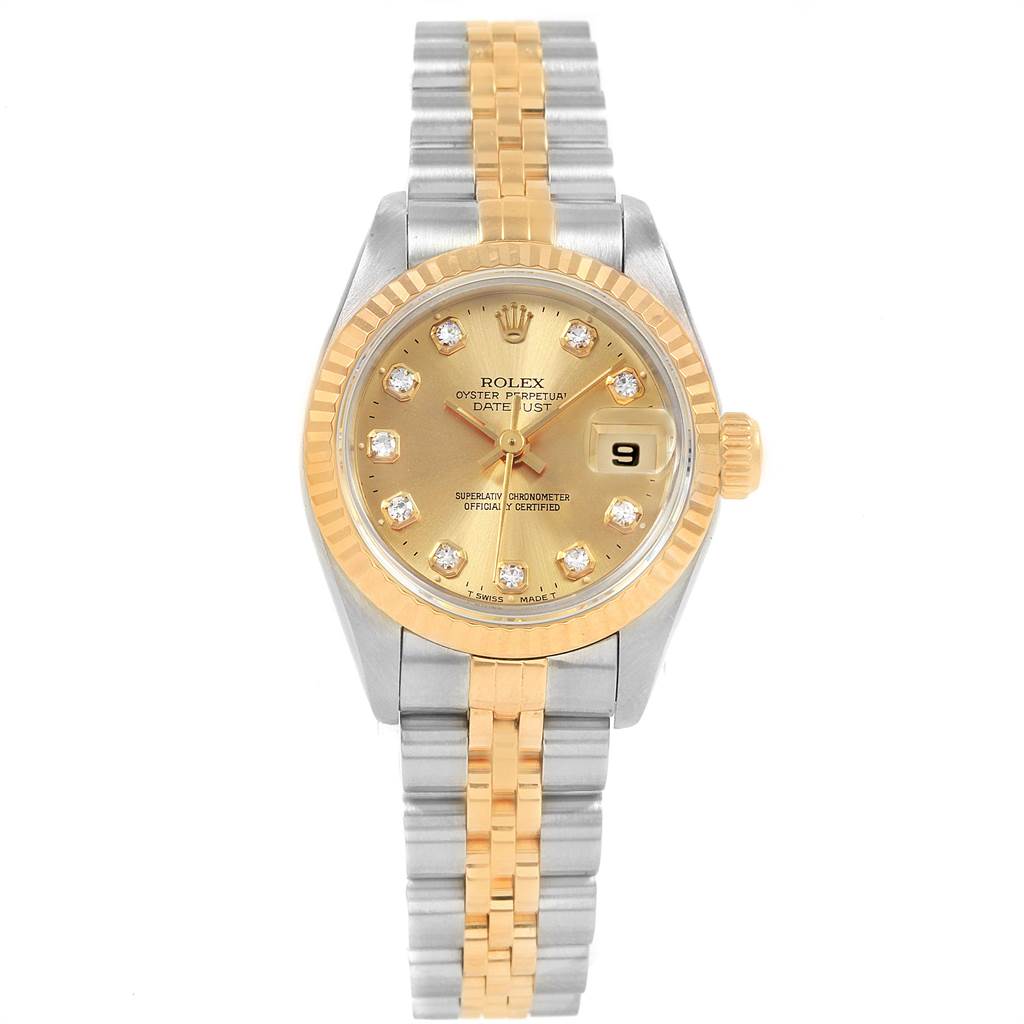 The image shows a front view of a Rolex Datejust 69173 Women's Stainless Steel Champagne Dial 69173 Women's Stainless Steel Champagne Dial watch, highlighting its dial, bezel, and two-tone bracelet.