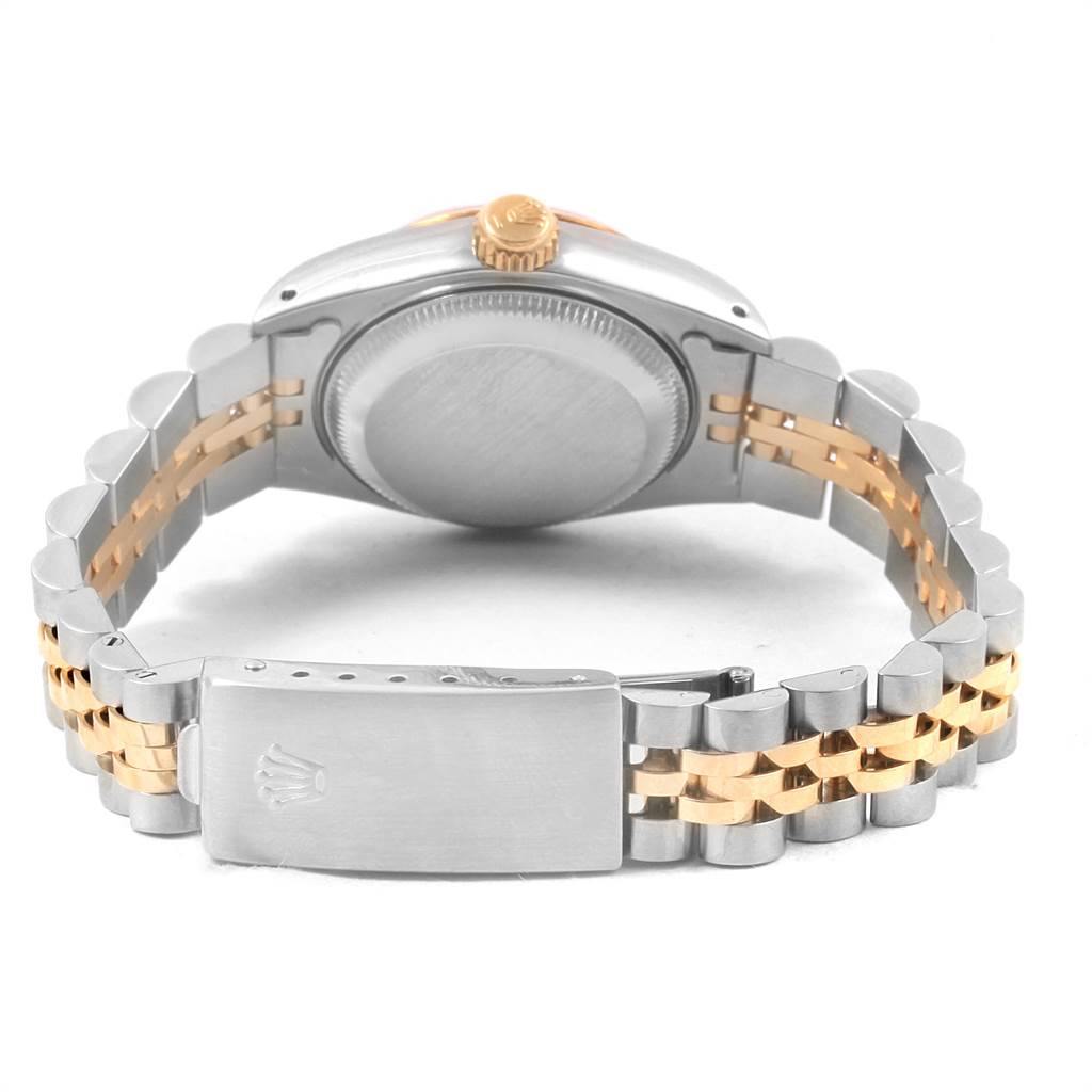 This image shows the back of a Rolex Datejust 69173 Women's Stainless Steel Champagne Dial 69173 Women's Stainless Steel Champagne Dial watch, highlighting the case back, crown, and two-tone bracelet with clasp.