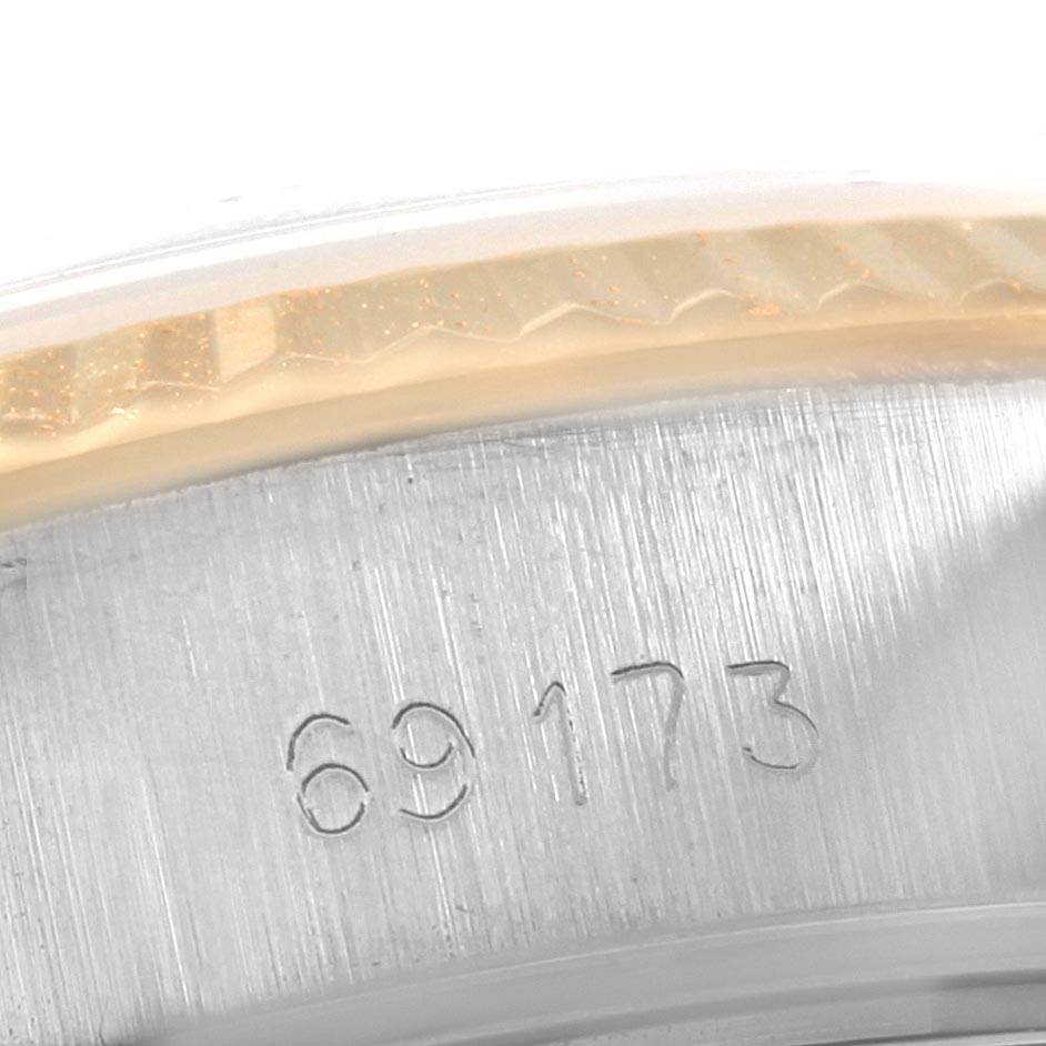This image shows a macro close-up of the case back of a Rolex Datejust 69173 Women's Stainless Steel Champagne Dial 69173 Women's Stainless Steel Champagne Dial model, highlighting the engraved reference number 69173.