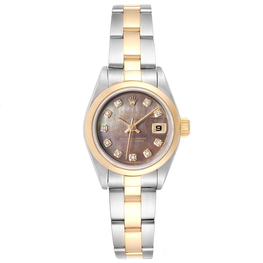 This image shows a full front view of a Rolex Datejust 79163 Women's Steel and Gold (two tone) Mother of Pearl Dial 79163 Women's Steel and Gold (two tone) Mother of Pearl Dial watch, including the dial, bezel, bracelet, and crown.