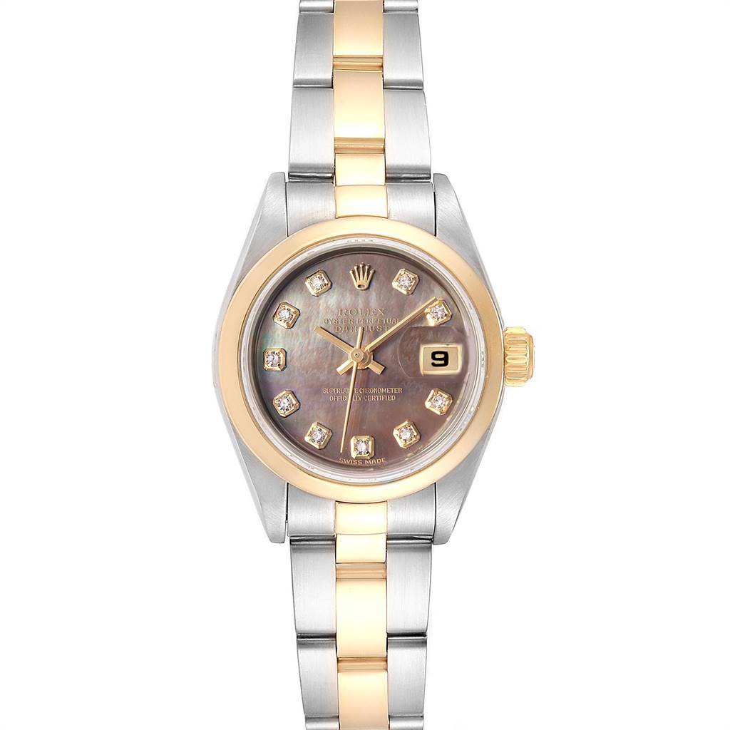 The image shows a front view of a Rolex Datejust 79163 Women's Steel and Gold (two tone) Mother of Pearl Dial 79163 Women's Steel and Gold (two tone) Mother of Pearl Dial watch with a two-tone band and diamond hour markers.