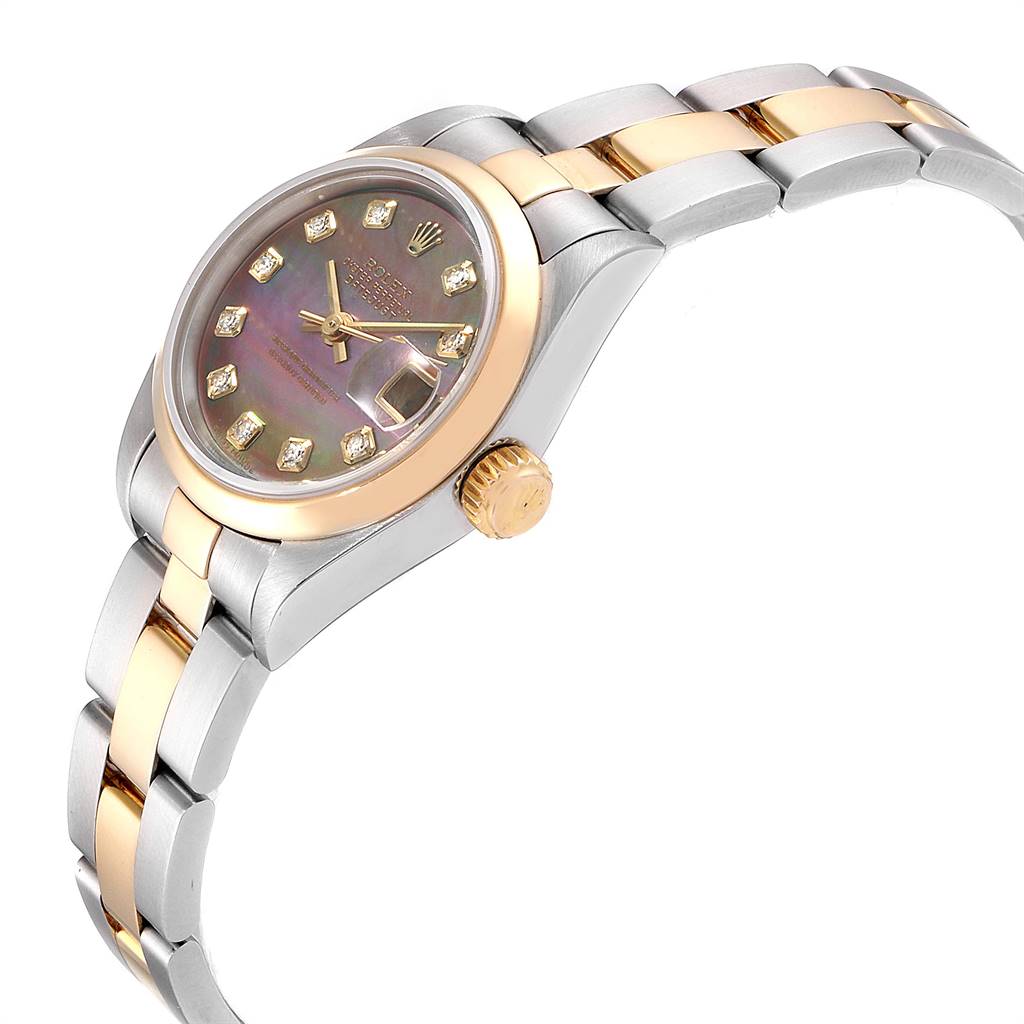 The image shows a Rolex Datejust 79163 Women's Steel and Gold (two tone) Mother of Pearl Dial 79163 Women's Steel and Gold (two tone) Mother of Pearl Dial watch in a side angle, displaying the bracelet, bezel, crown, and part of the dial with diamond markers.