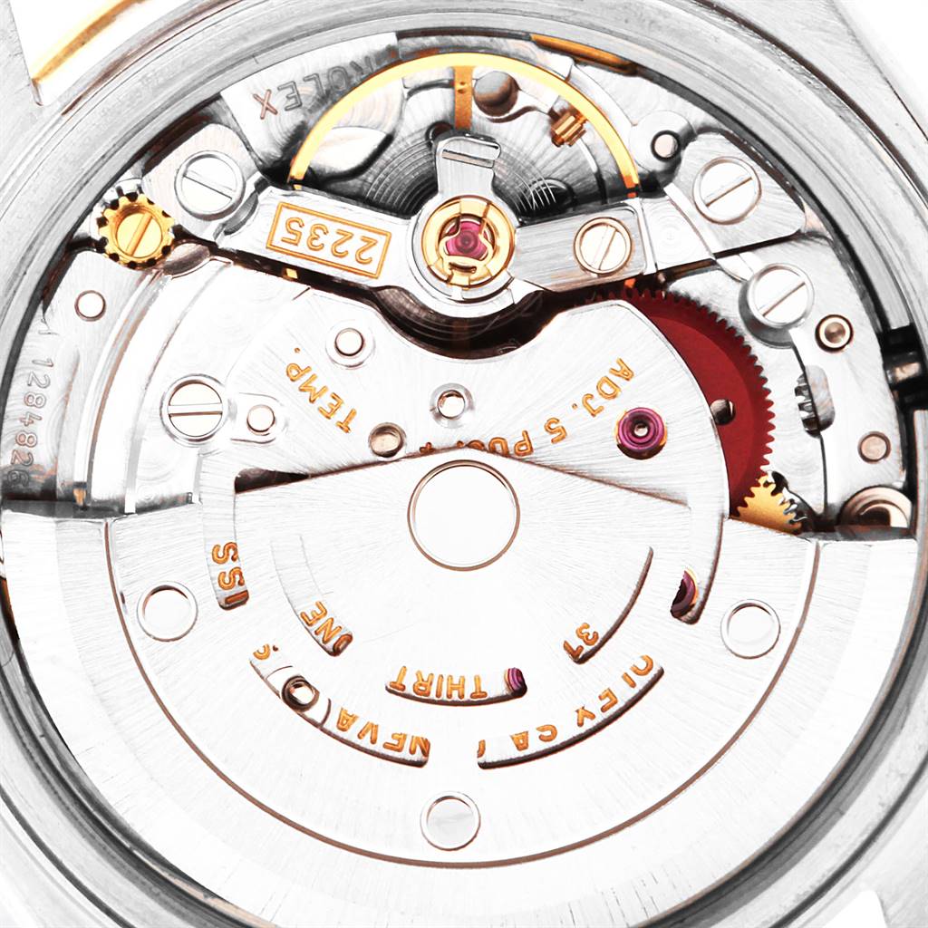 The image shows the inner mechanical movement and components of a Rolex Datejust 79163 Women's Steel and Gold (two tone) Mother of Pearl Dial 79163 Women's Steel and Gold (two tone) Mother of Pearl Dial watch at a close-up angle.