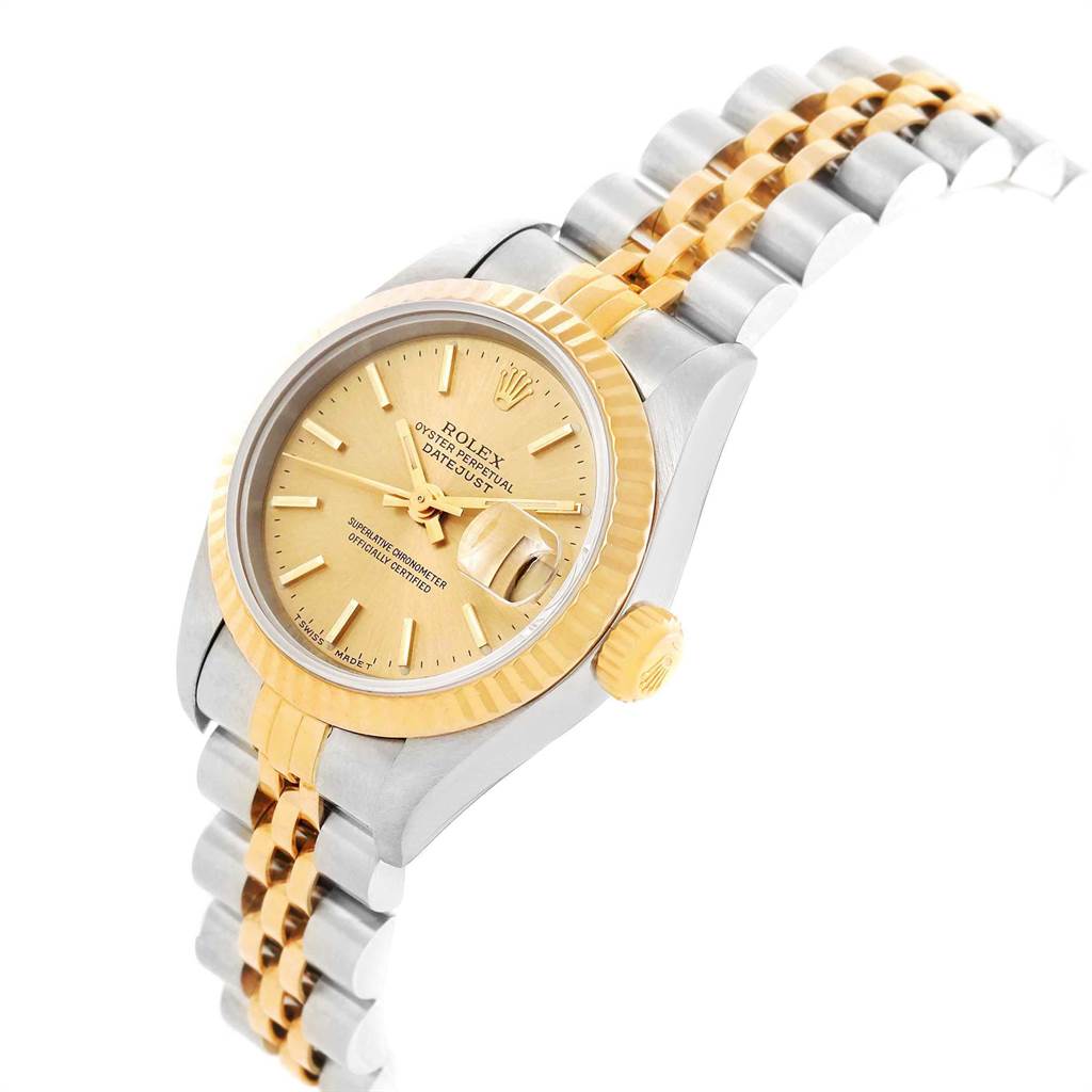 The Rolex Datejust 69173 Women's Stainless Steel Champagne Dial 69173 Women's Stainless Steel Champagne Dial watch is shown at a slight side angle, highlighting the dial, bezel, case, and two-tone bracelet.