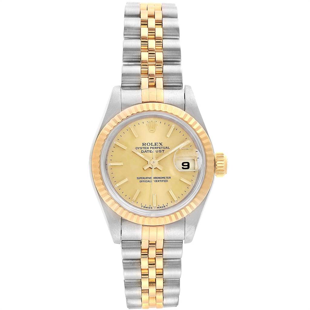 The image shows a front view of a Rolex Datejust 69173 Women's Stainless Steel Champagne Dial 69173 Women's Stainless Steel Champagne Dial, featuring its dial, bezel, case, bracelet, and date window.