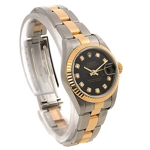 This image shows a Rolex Datejust 79173 Women's Stainless Steel Black Dial 79173 Women's Stainless Steel Black Dial watch at a three-quarter angle, highlighting the bracelet, dial, and bezel.