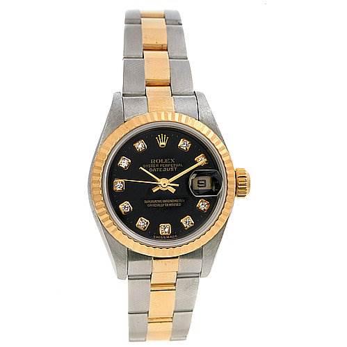 The image shows a Rolex Datejust 79173 Women's Stainless Steel Black Dial 79173 Women's Stainless Steel Black Dial watch from a front angle, highlighting its two-tone bracelet and diamond-set black dial.